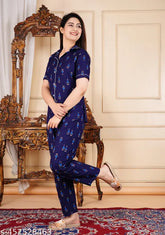 Viscose rayon printed nightsuit & coord set for women and girls, blue sleepwear on bed